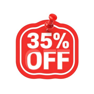 Red promotional price tag badge showing thirtyfive percent off discount