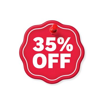 Red scalloped promotion badge showing thirtyfive percent off discount offer