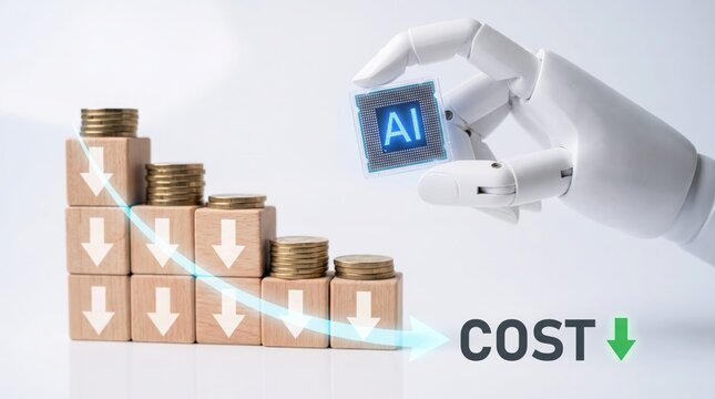 Robotic hand holding artificial intelligence microchip beside wooden blocks stacked like descending downward economic graphs with gold coins