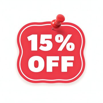 Red square paper label tag featuring fifteen percent off discount text message with attached red push pin