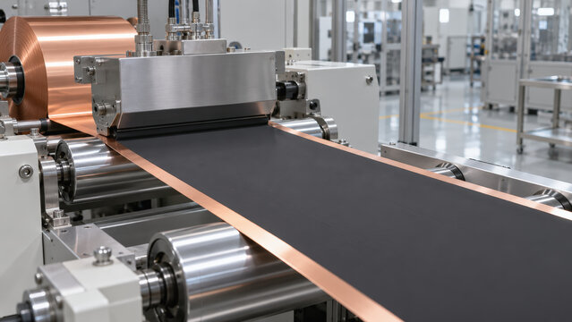 Industrial coating machine with copper foil and black sheet moving through polished rollers in clean manufacturing facility