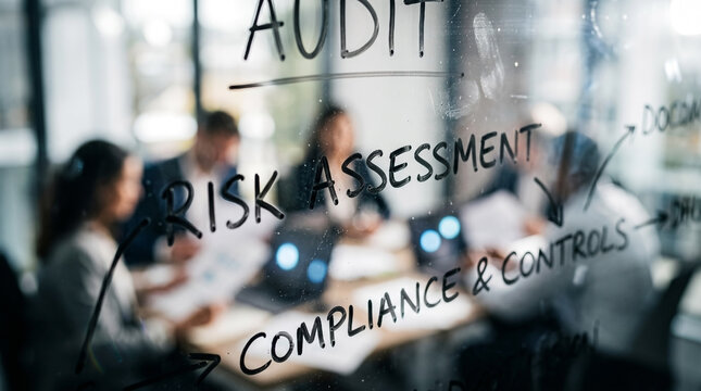 Auditors gather around glass wall with written notes. They discuss audit, risk, compliance, and controls. Focused expressions suggest teamwork and seriousness. Ideal for business, finance