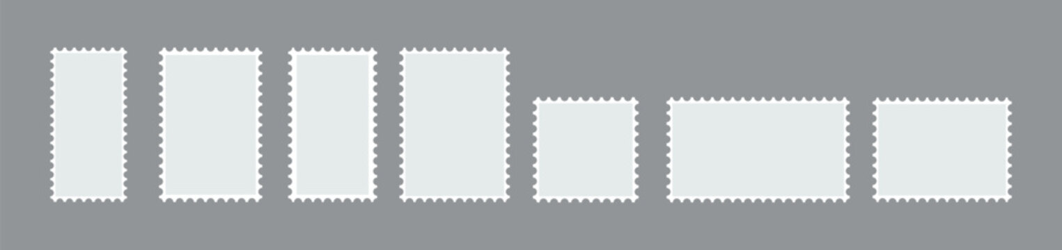 Postage stamps. Blank postcard and letter stamp templates collection with copy space. Vintage post stamp frame and border. Vector illustration