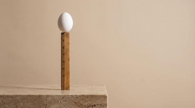 White egg balances atop a wooden ruler. Ruler rests on textured stone base. Soft beige backdrop enhances minimalist feel. Stillness conveys balance, precision, and fragility