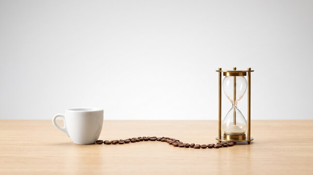 Minimalist scene with espresso cup and brass hourglass. Coffee beans link the cup to the timer. Stillness suggests pause before time passes. Ideal for themes of mindfulness, waiting, or decision