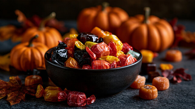 
Black bowl filled with colorful wrapped Halloween candies surrounded by orange pumpkins and autumn leaves on dark background, trick or treat sweets for October holiday party, fall season treats desig