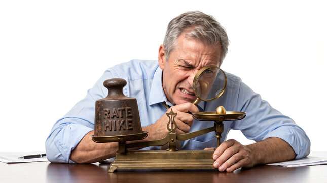 Man studies a scale marked "RATE HIKE" with a magnifying glass. He leans forward, squinting intensely at the weight. His expression shows focus, concern, or skepticism