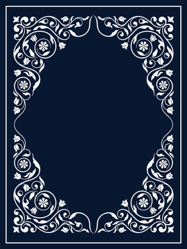 Elegant floral frame with vintage ornament on dark blue background