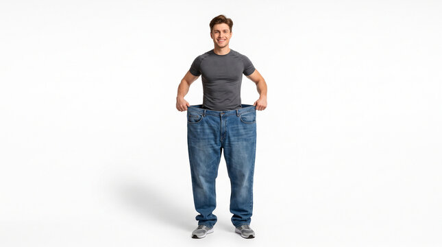 Man stands proudly in oversized jeans. He smiles, showing size contrast. Image symbolizes weight loss success. Ideal for health, fitness, or lifestyle themes. Bright background emphasizes subject