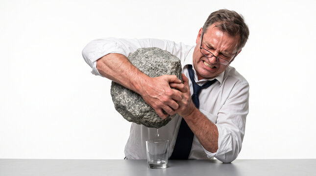 Man strains to squeeze boulder into glass. His face shows intense effort and frustration. The boulder is large, rough, and heavy. Glass sits empty on a plain table. Background is pure white