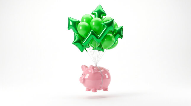 Pink piggy bank floats upward with green balloons. Bright metallic balloons cluster above the bank. Light background enhances the whimsical lift. Ideal for financial growth or savings concepts