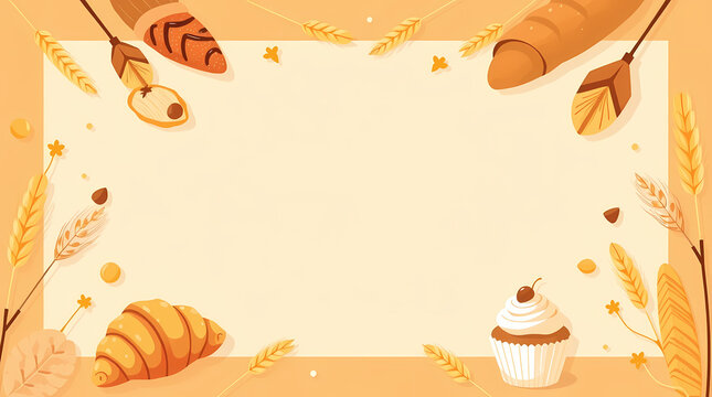 A warm, inviting background featuring various baked goods like bread, croissants, and cupcakes, framed by wheat stalks and a blank central space.