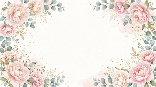 Delicate watercolor peony border with empty center for text