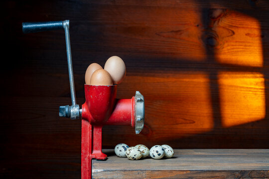 Vintage red meat grinder transformation concept with chicken and quail eggs. Conceptual still life with old manual mincer and fresh eggs. Chicken eggs inside grinder changing into small quail eggs