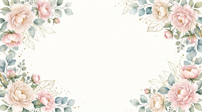 Elegant watercolor floral background with pink peonies and eucalyptus, wedding invitation