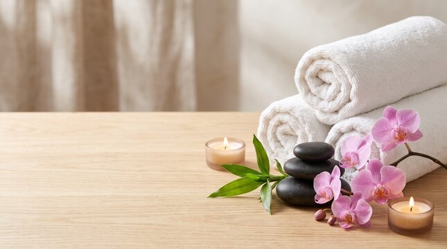 Calm wellness concept with aromatic candles and pink orchid