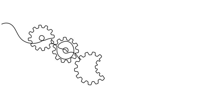 Gear cogs continuous one line art animation for engineering and teamwork concepts, Three cogwheel gears icon sign continuous one line drawing moving on white background minimalist business work pro.
