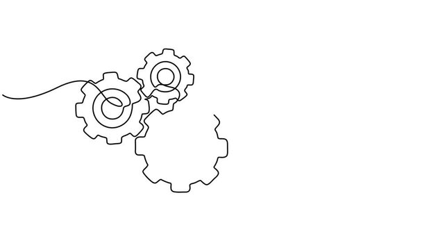 Gear cogs continuous one line art animation for engineering and teamwork concepts, Three cogwheel gears icon sign continuous one line drawing moving on white background minimalist business work pro.