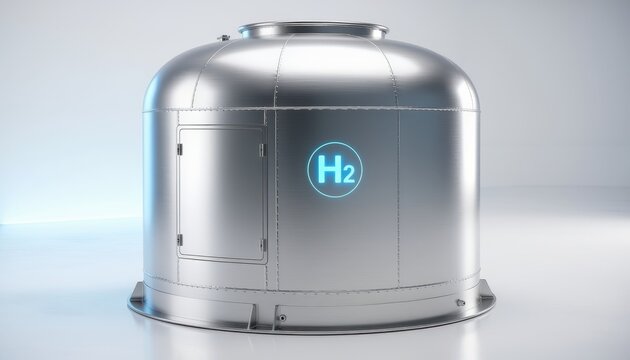 Hydrogen Energy Storage Tank: A sleek, modern metallic tank designed for hydrogen energy storage, prominently displaying the H2 symbol, symbolizing a sustainable future in clean energy technology.