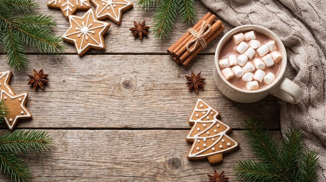 Homemade Christmas gingerbread stars and trees with mug of hot chocolate