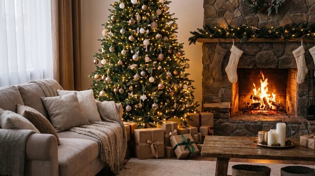 Festive home interior with Christmas tree and warm fairy lights by the fireplace