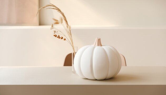 Minimalist Autumn Decor: A white ceramic pumpkin, adorned with subtle grooved lines, sits elegantly on a neutral-toned surface, complemented by dried ornamental grass in a vase.