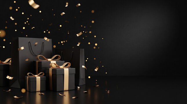 Black Friday sale background with black gift boxes and shopping bags with gold ribbons