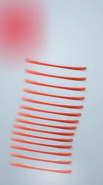 A close-up abstract macro shot of several identical, thin, curved, orange objects arranged in parallel rows.