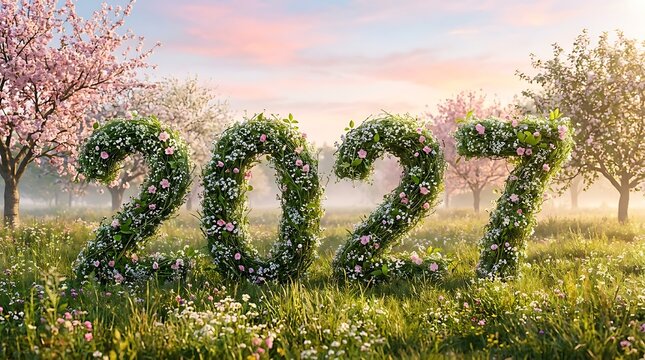 Floral 2027 year sign in a beautiful spring meadow with blooming trees at sunrise