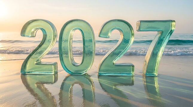 2027 year numbers made of translucent green glass standing on a sandy beach at sunset