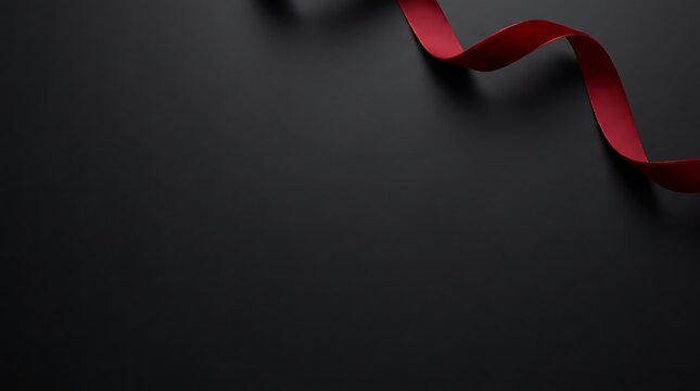Elegant red silk ribbon flowing on a dark black background with copy space