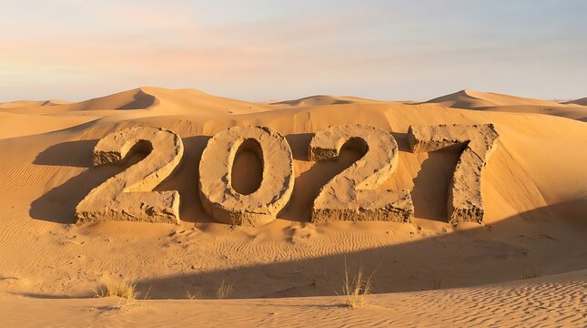 Large 2027 numbers carved into the sand dunes of a vast desert landscape at sunset