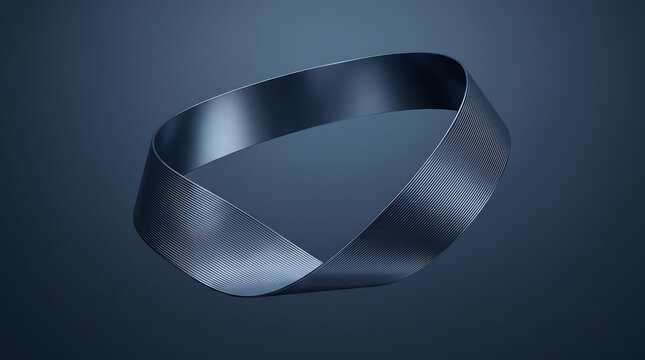 A metallic mobius strip with a dark blue brushed texture, forming a single continuous loop floating against a smooth and dark blue background