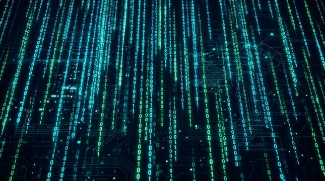 Binary code streams cascading over circuit board background pattern