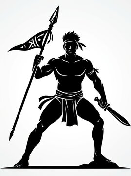 Tribal Warrior Silhouette with Spear and Sword - Ancient Indigenous Fighter Vector Graphic for Commercial Use
