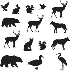 Fototapeta premium Wild Animals and Birds Silhouette Collection Vector Set