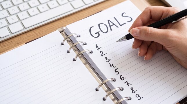 Hand writing goals in a lined notebook beside a computer keyboard with numbered list and pen on a wooden desk, top view stationery scene