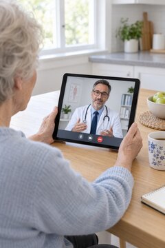 Senior woman having a telemedicine video consultation with doctor on tablet at home kitchen table