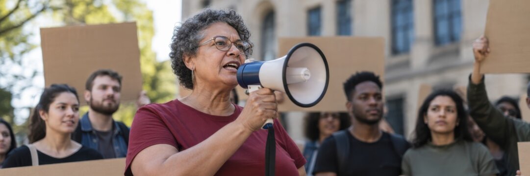 Mature woman speaking through megaphone at street protest with crowd holding blank signs