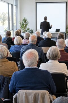 Senior adults attending a classroom lecture or training seminar with presenter and projection screen