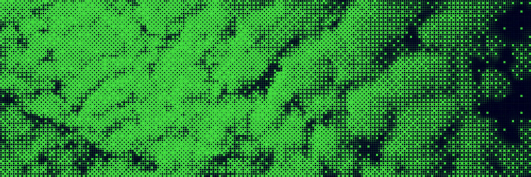 Green bitmap pixel background with gradient pattern effect and 8bit art. Neon disintegration effect with geometric particle dispersion.