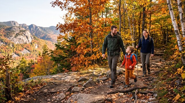 Family Hiking Through a Colorful Autumn Forest Beneath Rugged Mountain Peaks