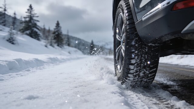 Expelling packed snow, vehicle wheel and tire rolling on mountain road, alloy rim, copy space