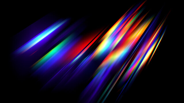 Colorful luminous rays converge and spread across black background. Radiant rainbow light streams create vivid spectrum. Spectral light produce sharp luminous rays and rainbow dispersion. 3d render