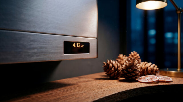 Display on home energy storage unit showing 4.12 kW output on wooden table.