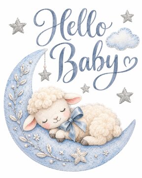 Hello Baby Sleeping Lamb On Blue Moon Nursery Illustration Design