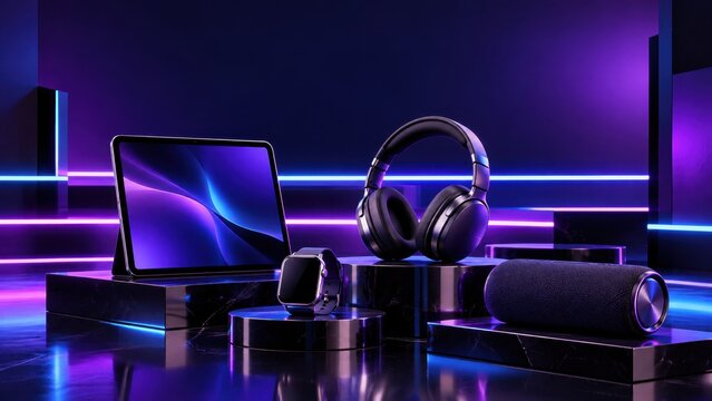 Futuristic Neon Electronics Showcase With Tablet Headphones Smartwatch And Speaker