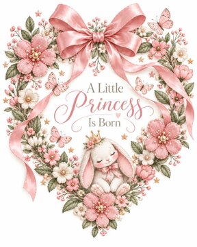 Little Princess Baby Girl Announcement With Pink Floral Bunny Wreath