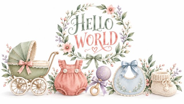 Hello World Newborn Baby Announcement With Vintage Stroller And Flowers
