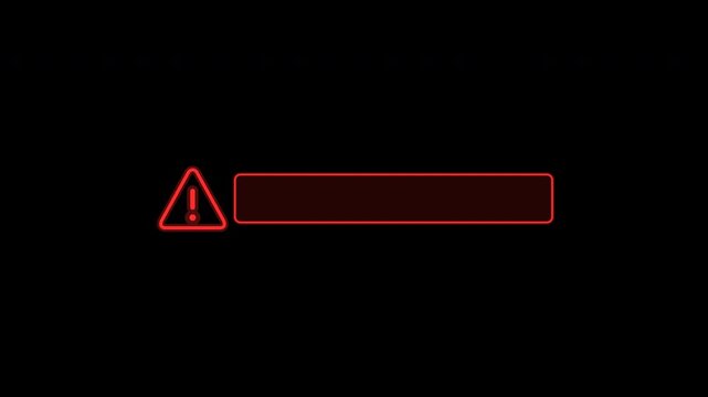 A red neon warning sign with an exclamation mark and a blank alert box unfolds on a black background.